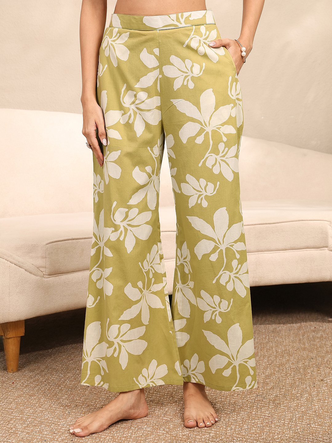 Lime Green Floral Print Cotton Kurti and Palazzo Set