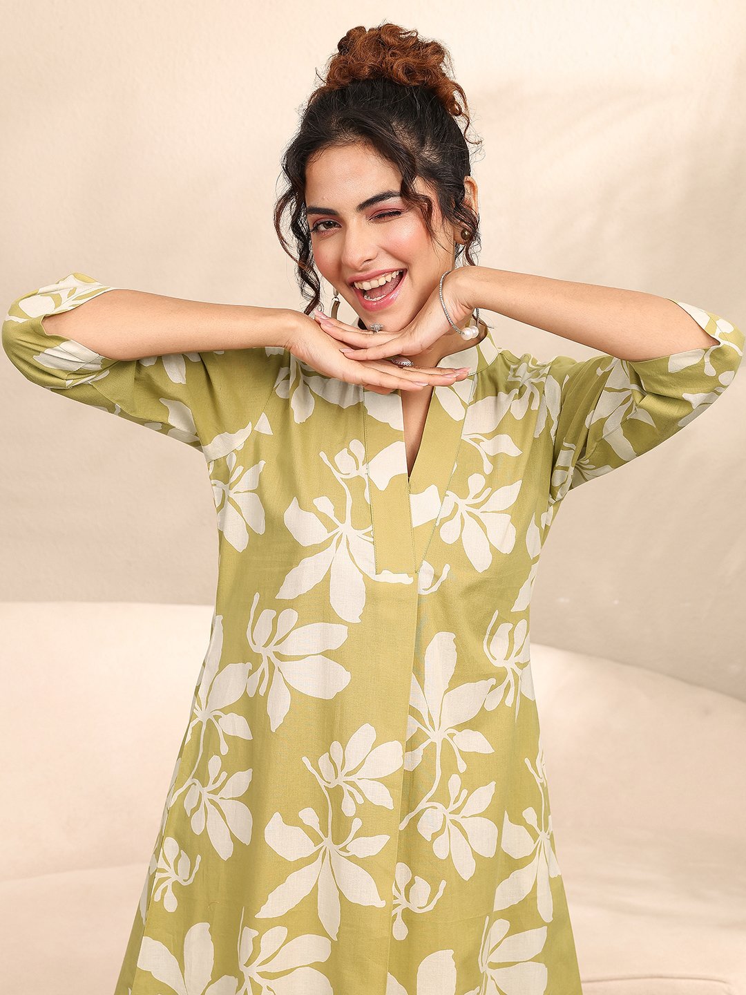 Lime Green Floral Print Cotton Kurti and Palazzo Set