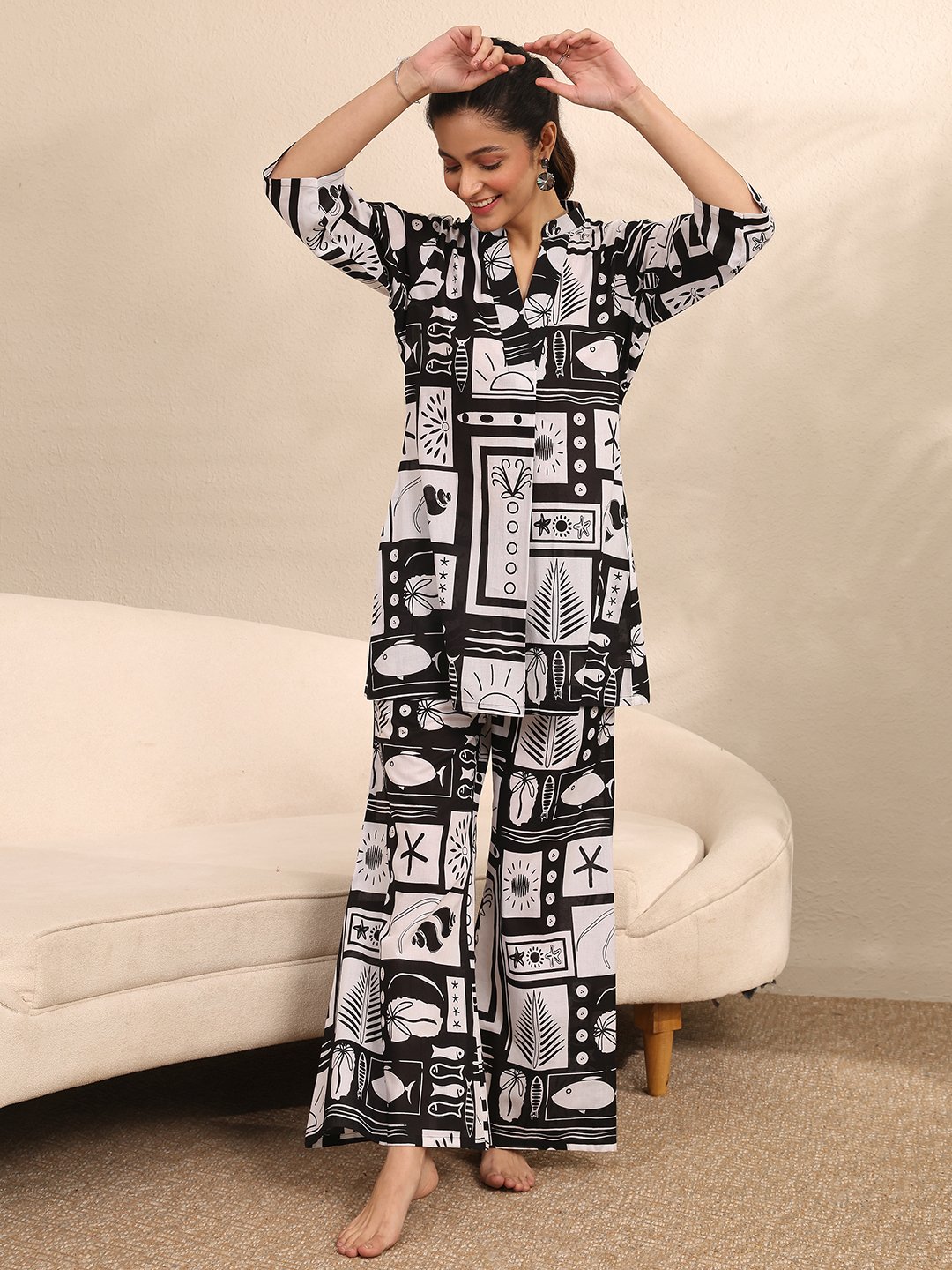 Black All Over Print Kurti and Pants Set