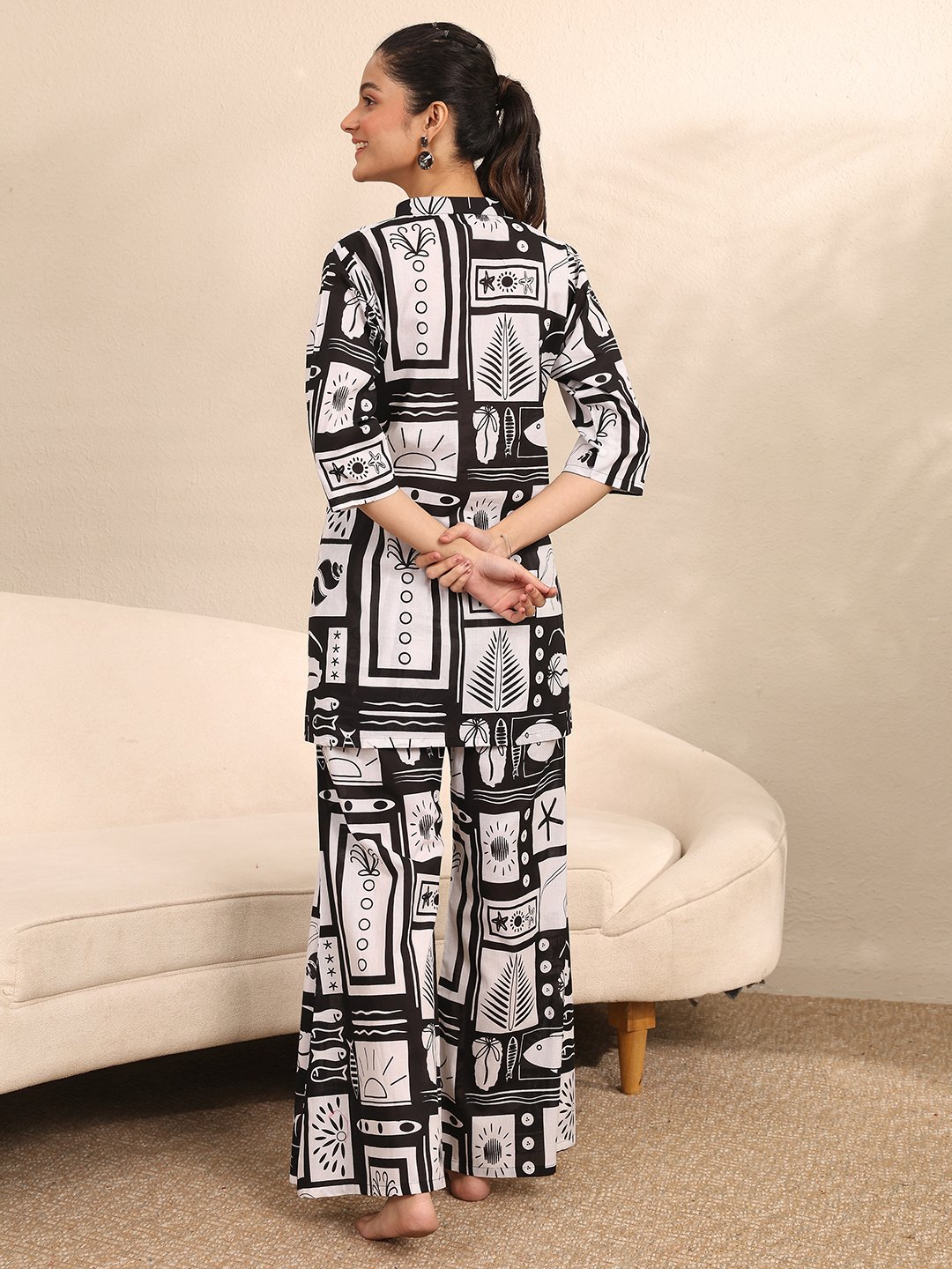 Black All Over Print Kurti and Pants Set