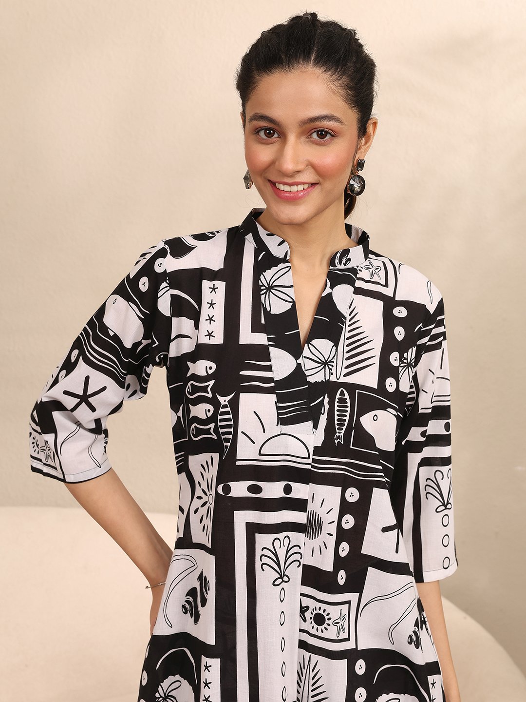 Black All Over Print Kurti and Pants Set