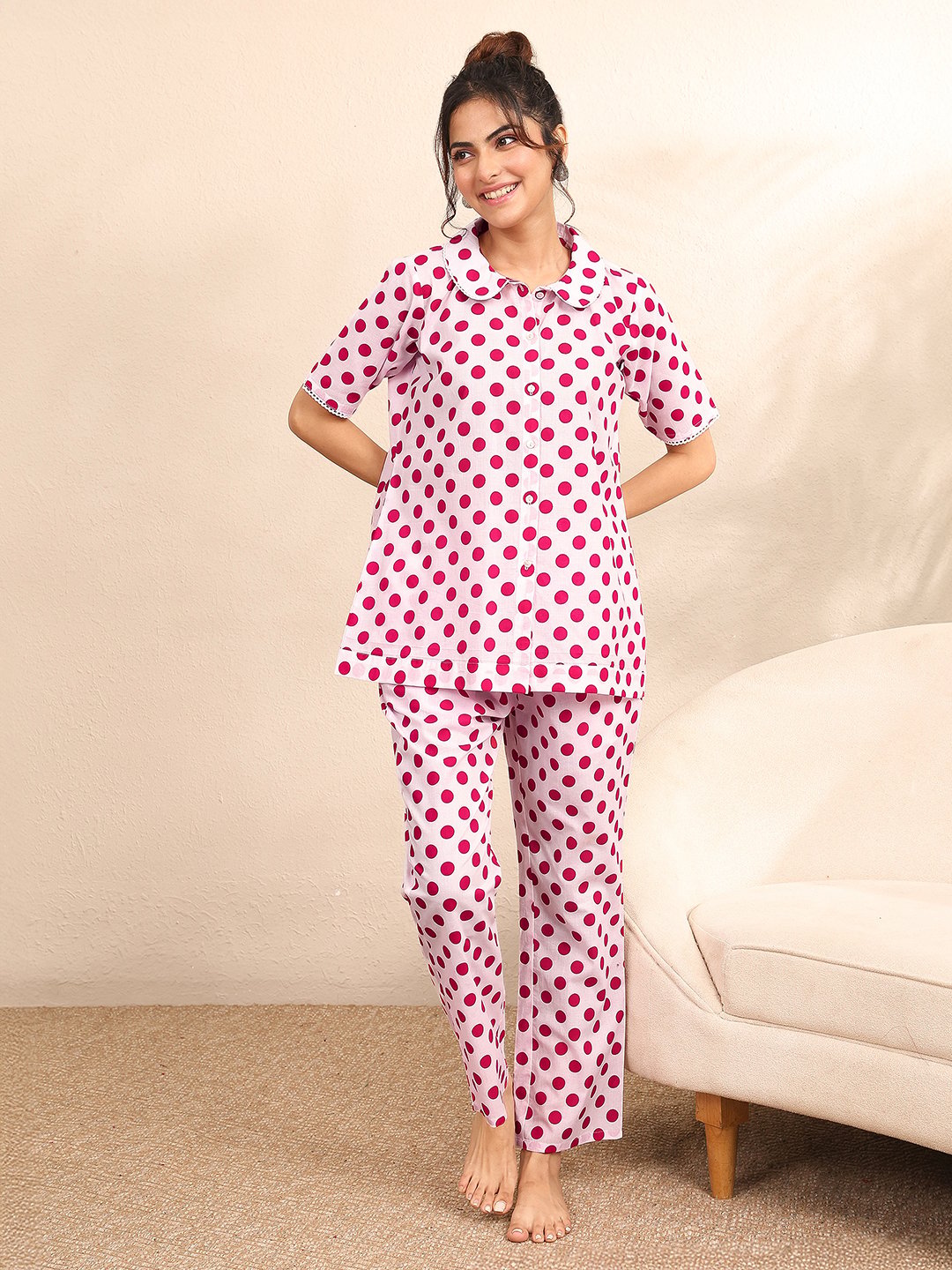 Light Pink Polka Dot Print Shirt and Pants Set