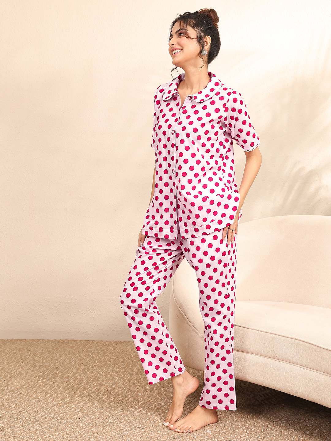 Light Pink Polka Dot Print Shirt and Pants Set