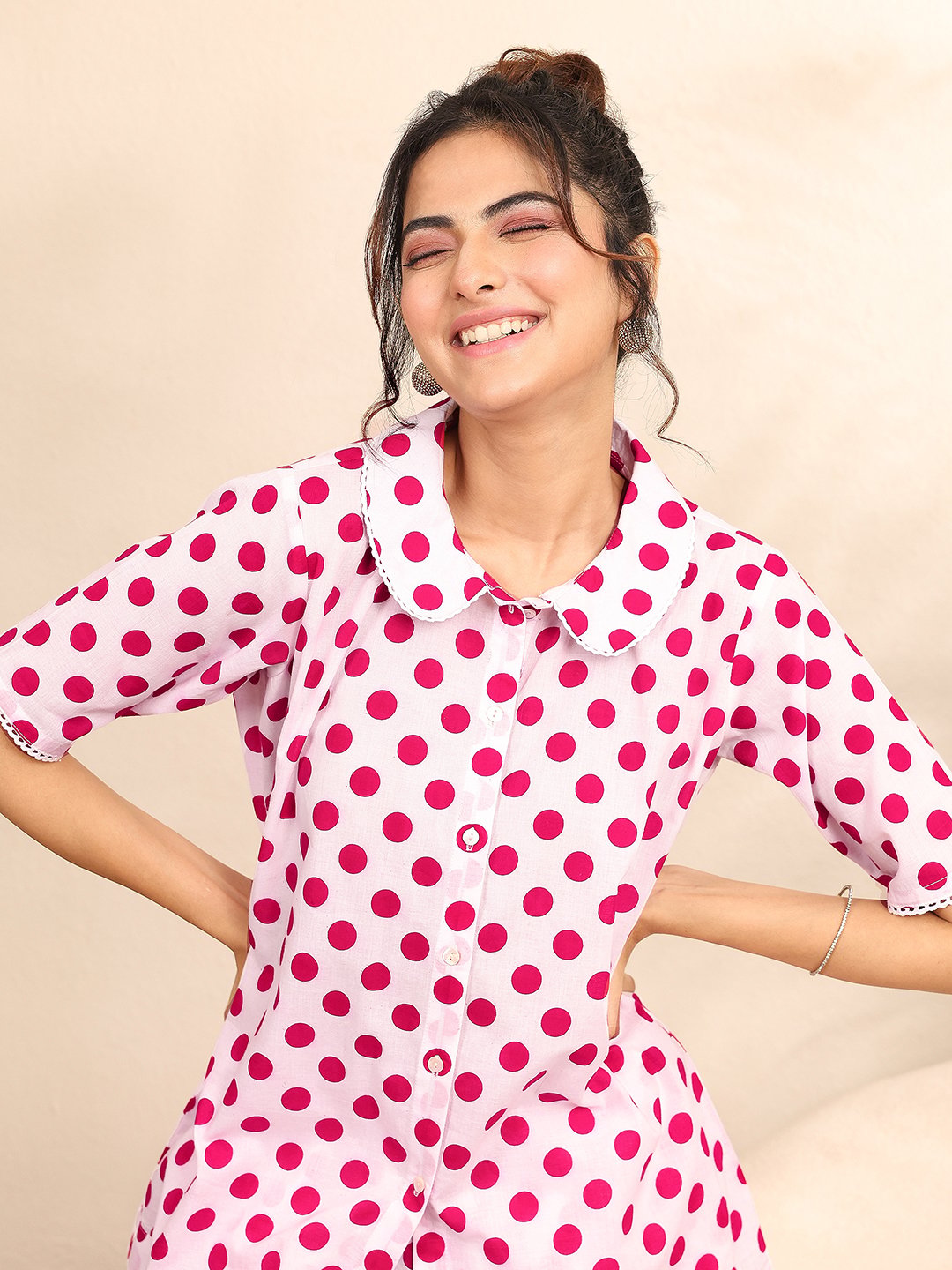 Light Pink Polka Dot Print Shirt and Pants Set