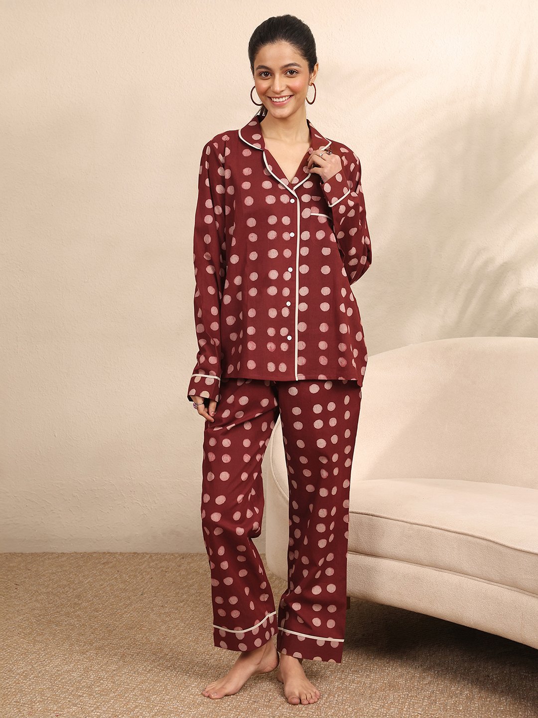 Rust Polka Dot Print Shirt and Pants Set