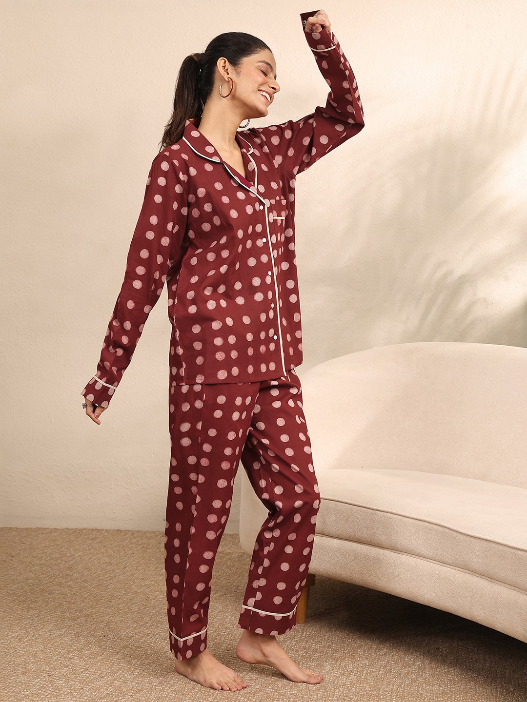 Rust Polka Dot Print Shirt and Pants Set