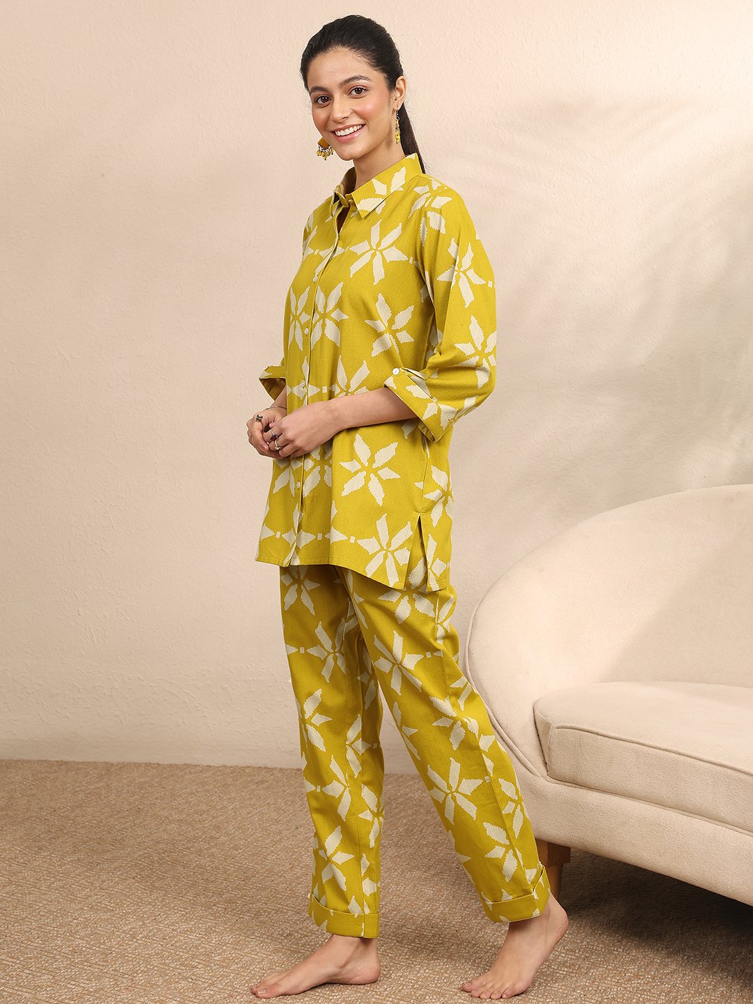 Mustard Floral Print Shirt and Pants Set