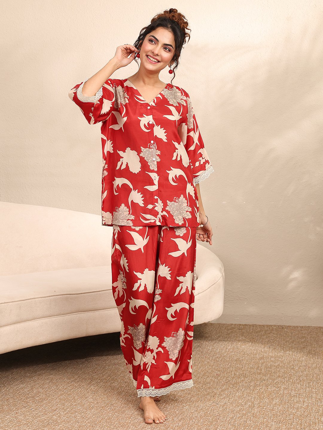 Red Floral Print Lace Detail Top and Pants Set