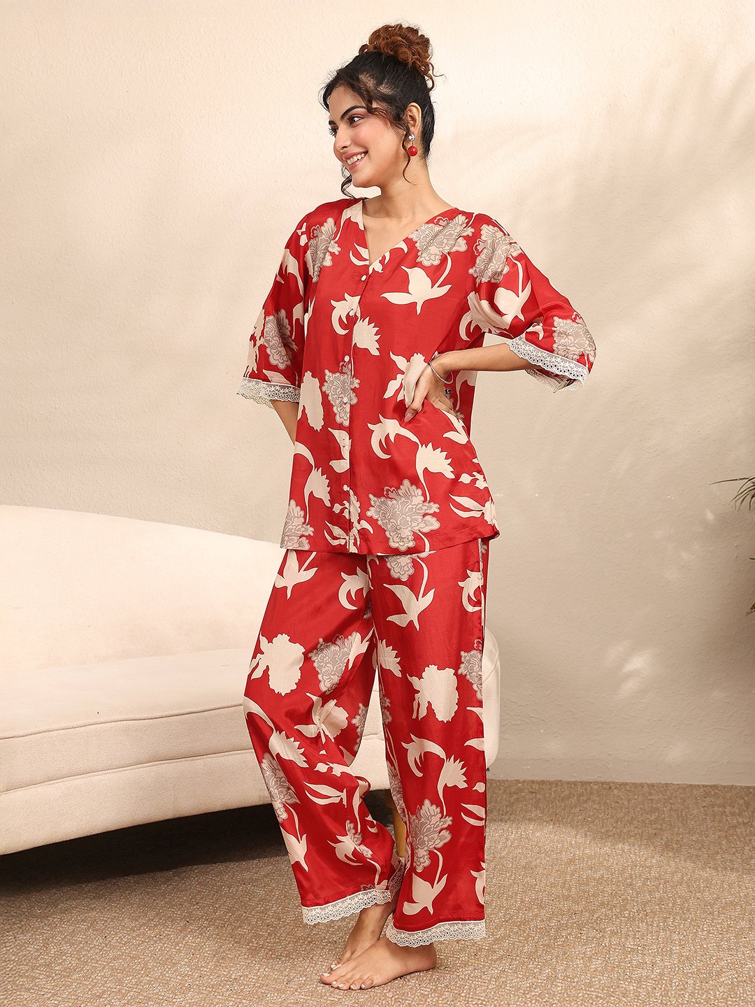 Red Floral Print Lace Detail Top and Pants Set
