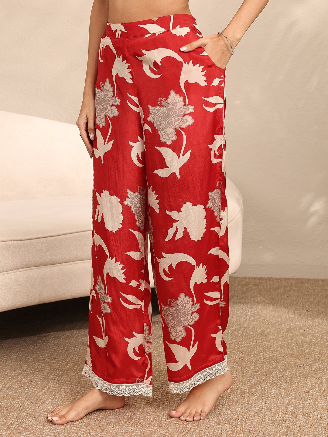 Red Floral Print Lace Detail Top and Pants Set