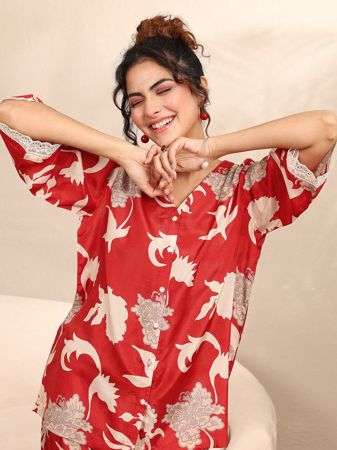 Red Floral Print Lace Detail Top and Pants Set