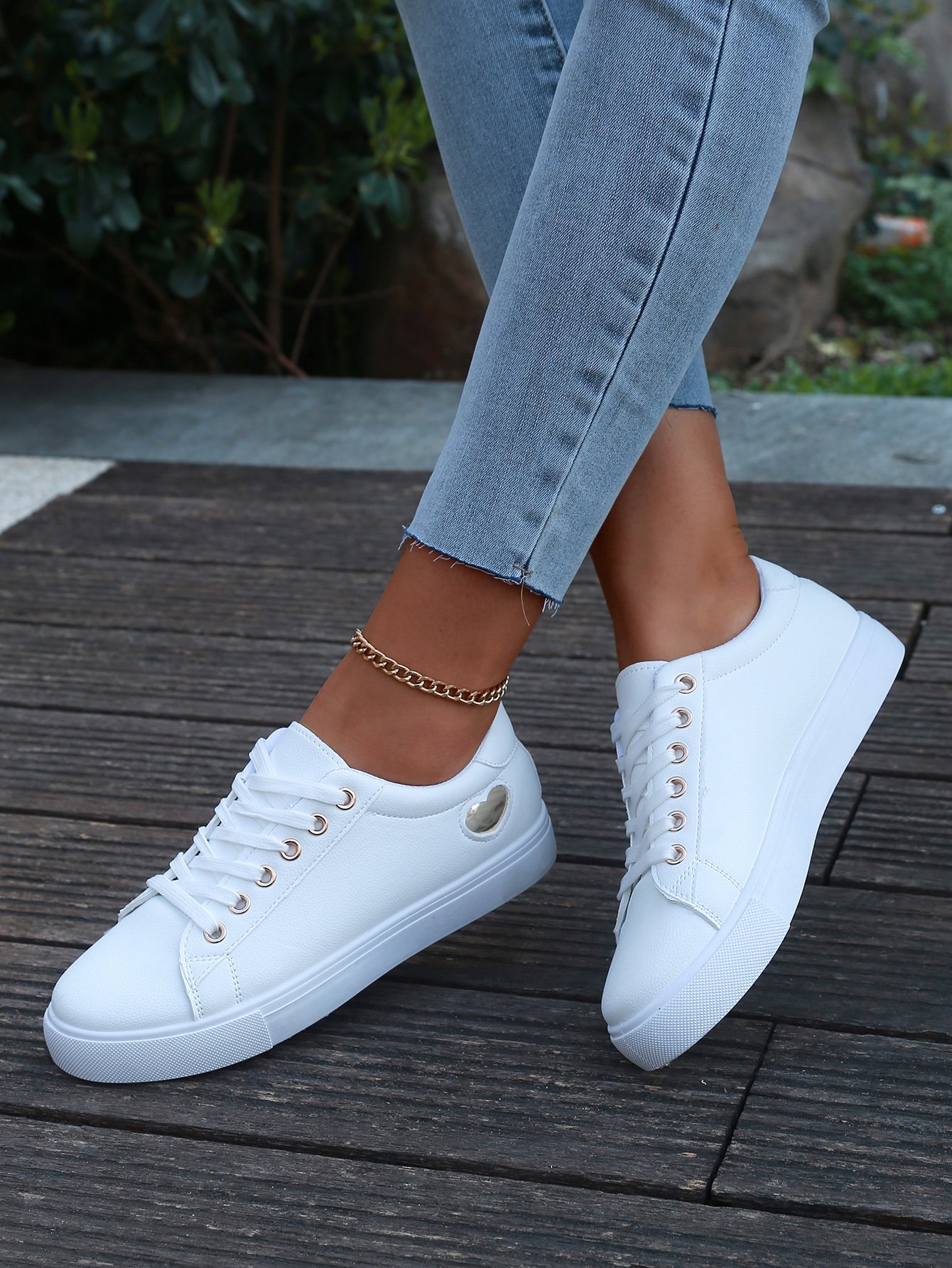 White Flat Sole Sneakers with Heart Detail