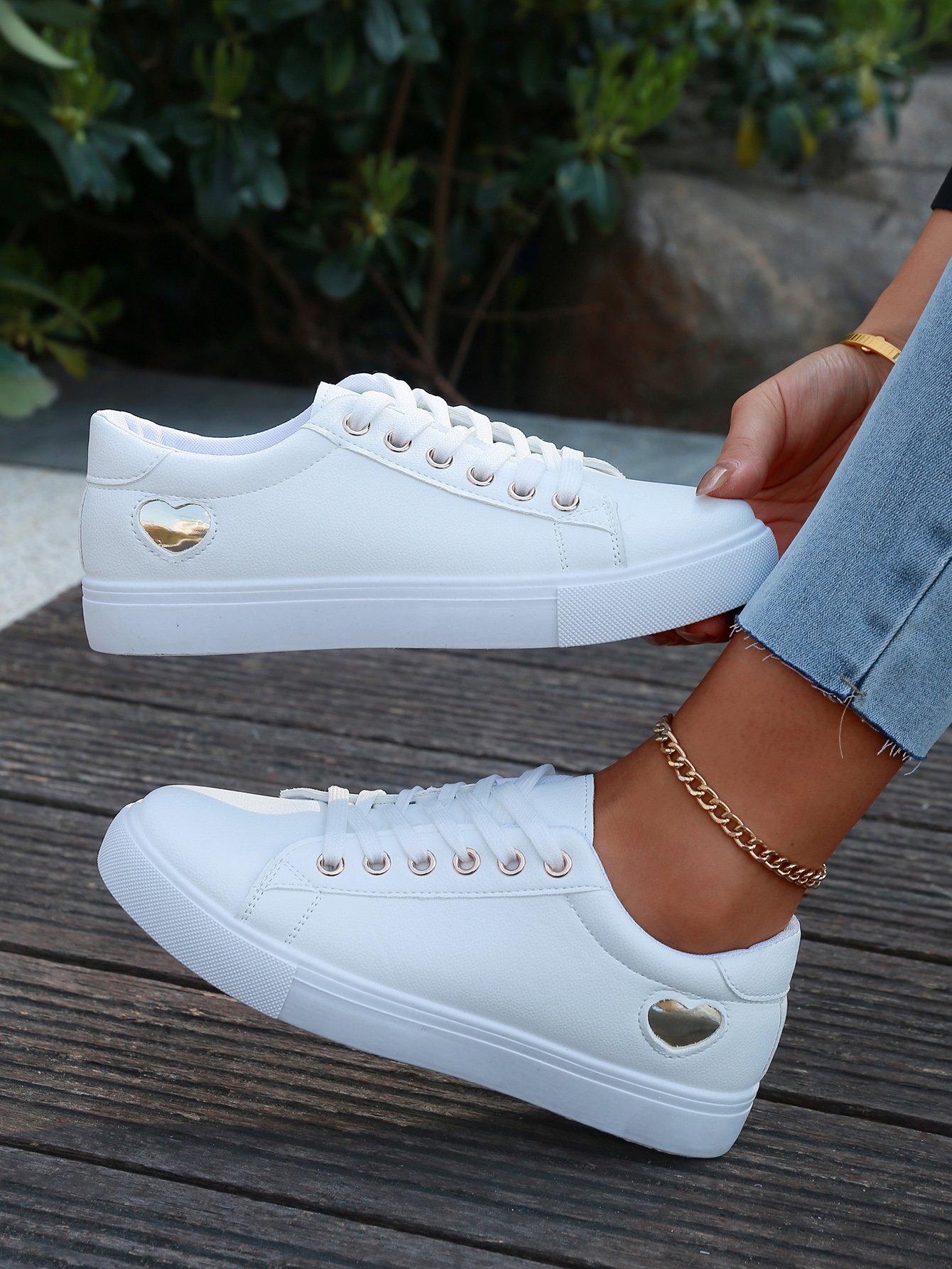 White Flat Sole Sneakers with Heart Detail