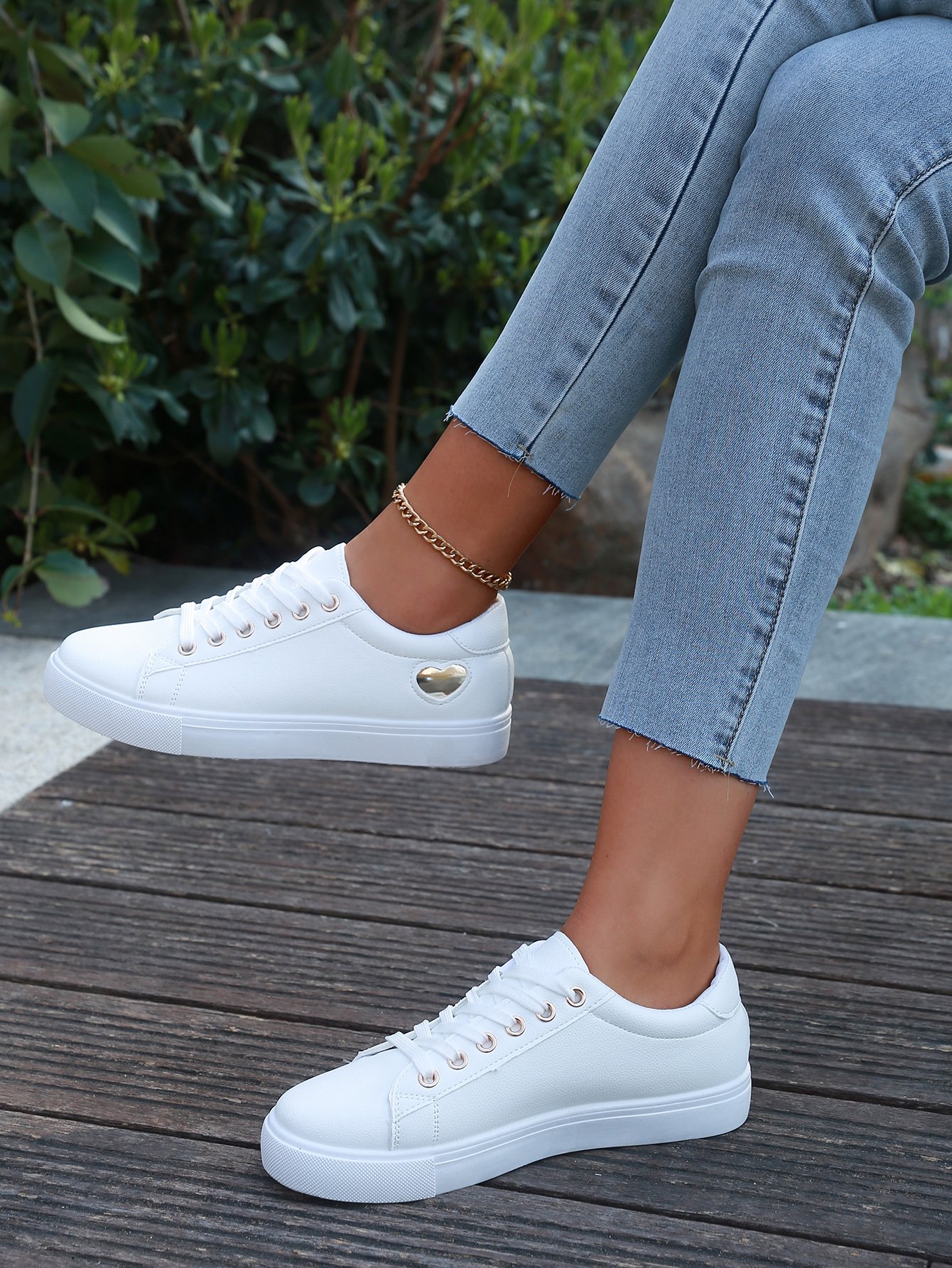 White Flat Sole Sneakers with Heart Detail