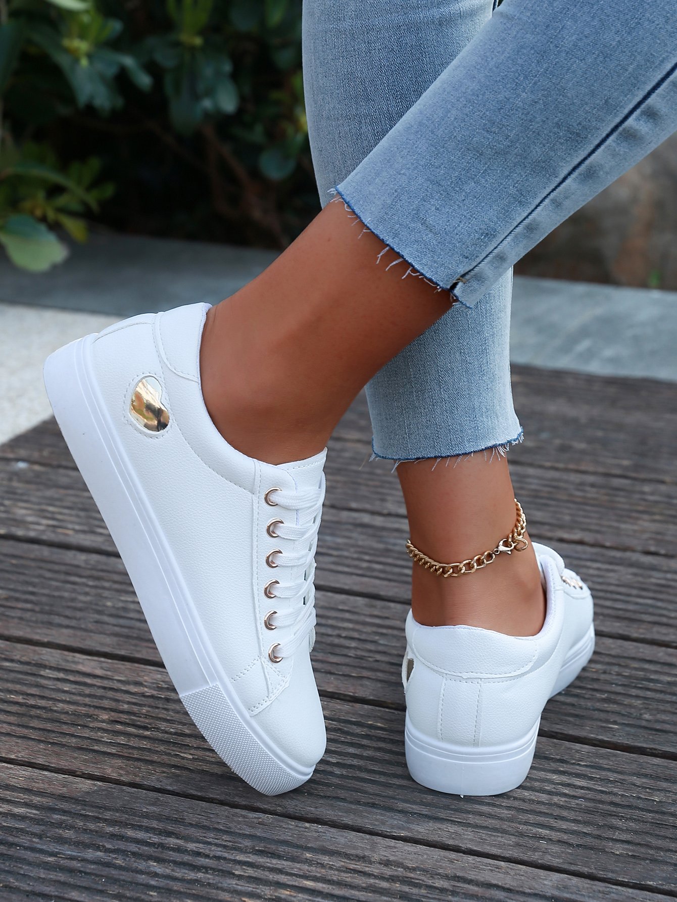 White Flat Sole Sneakers with Heart Detail