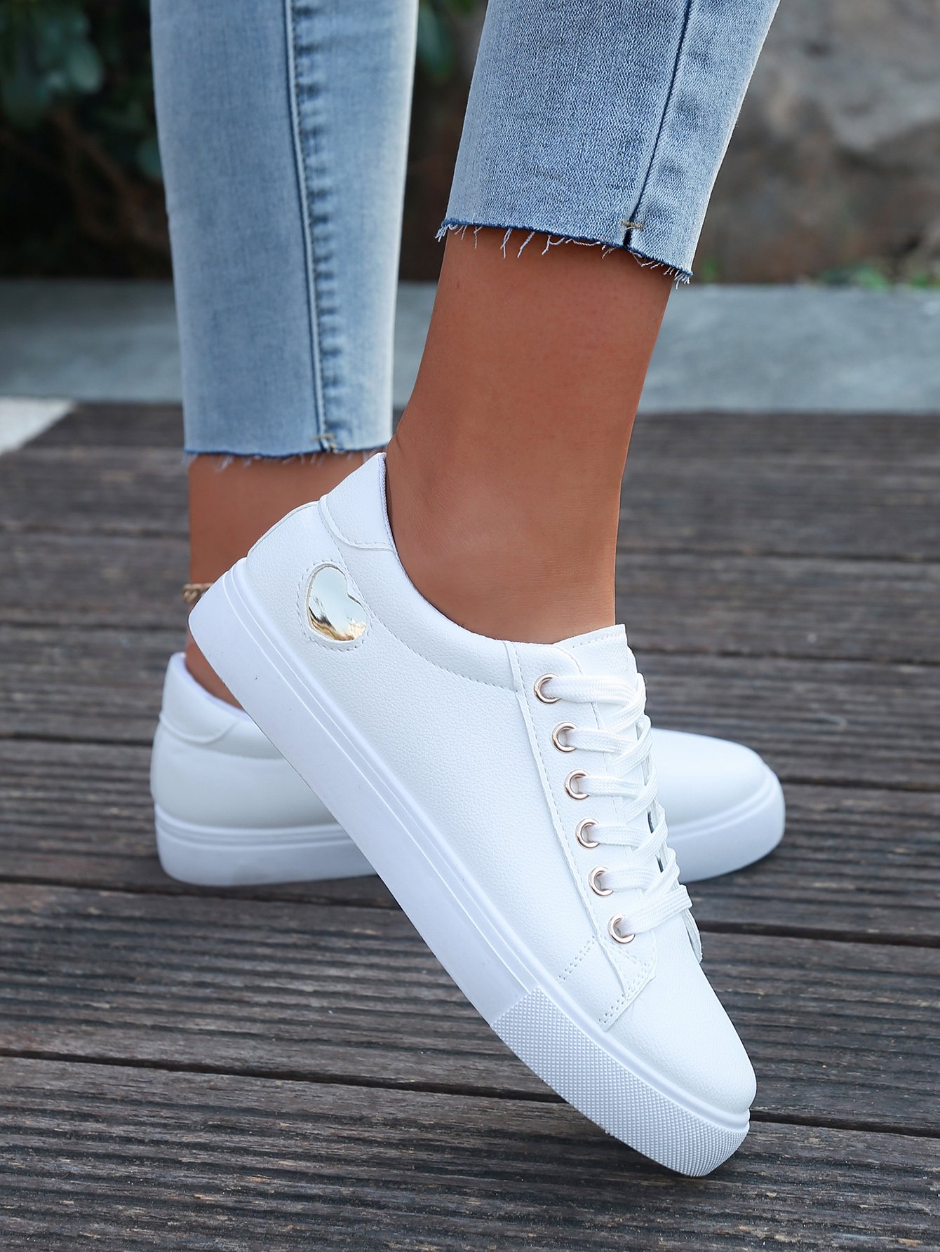 White Flat Sole Sneakers with Heart Detail