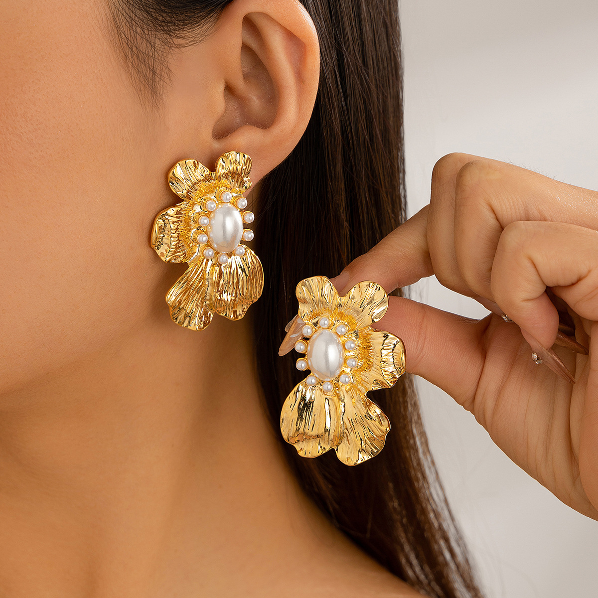 Gold Floral Pearl Dangle Earrings