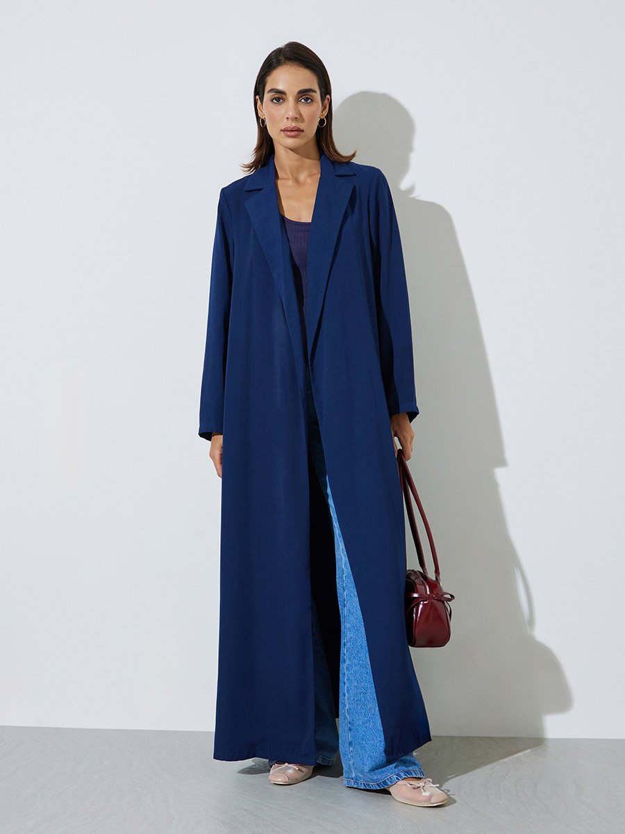 Navy Blue Front Open Abaya with Blazer Collar