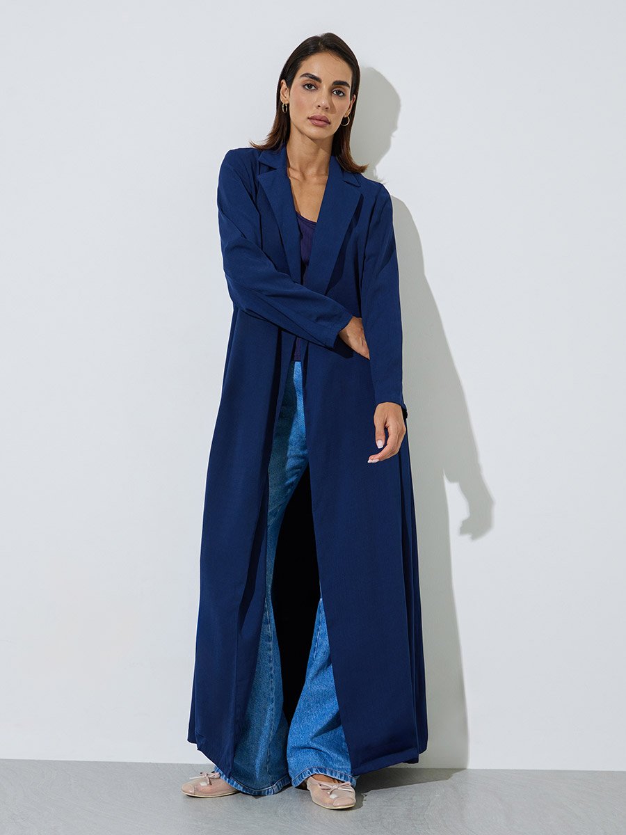 Navy Blue Front Open Abaya with Blazer Collar