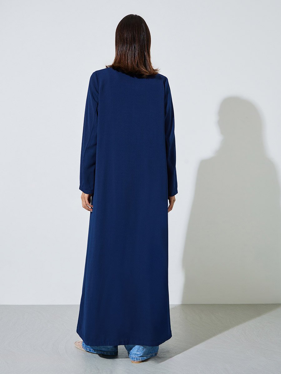 Navy Blue Front Open Abaya with Blazer Collar