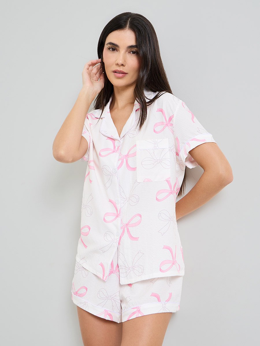 White Bow Print Piped Pocket Shirt and Pyjama Set