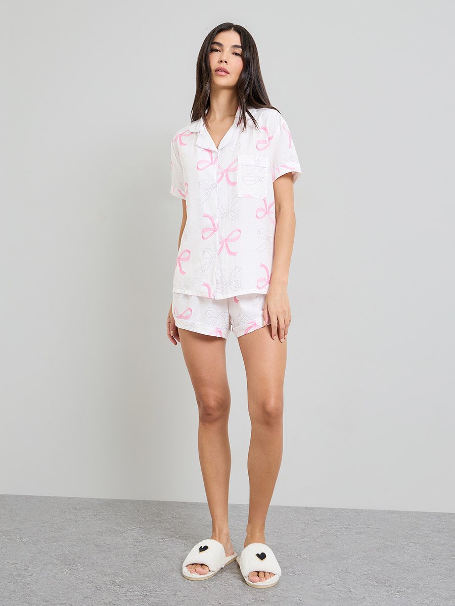 White Bow Print Piped Pocket Shirt and Pyjama Set