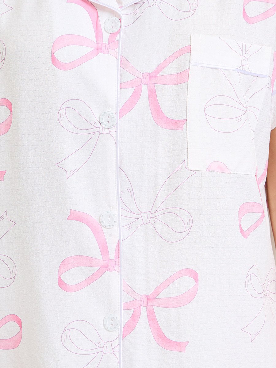 White Bow Print Piped Pocket Shirt and Pyjama Set