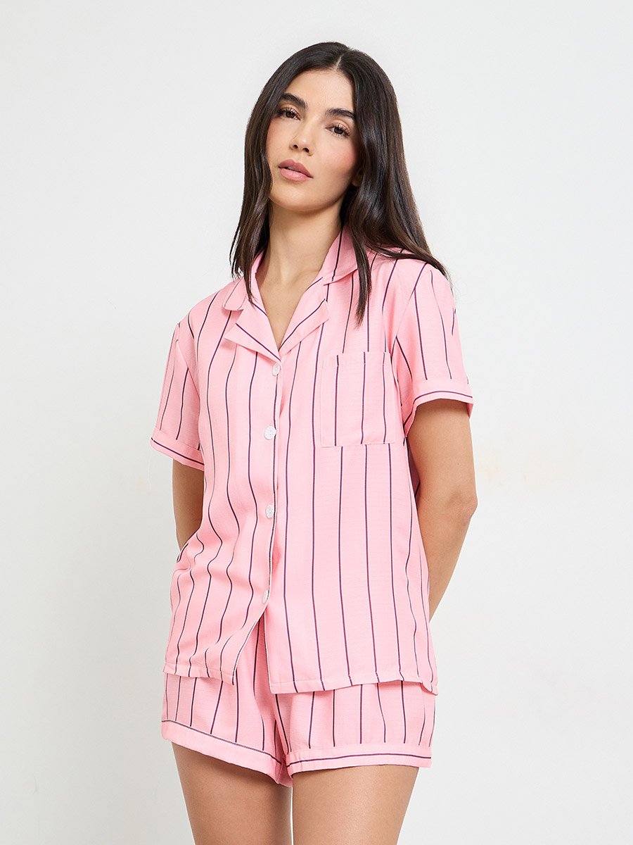Pink Striped Pocket Shirt and Shorts Set