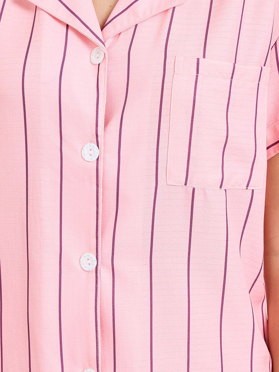 Pink Striped Pocket Shirt and Shorts Set