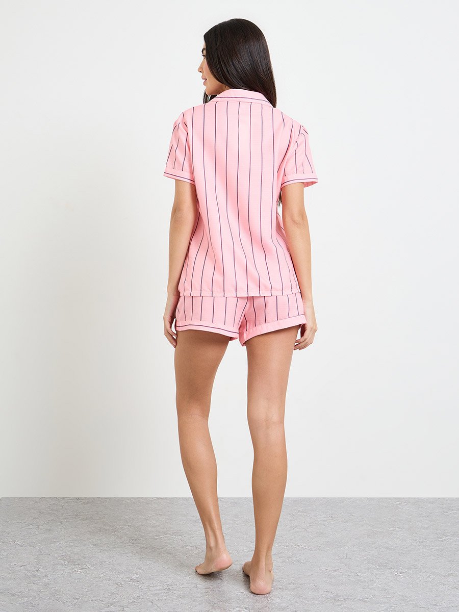 Pink Striped Pocket Shirt and Shorts Set