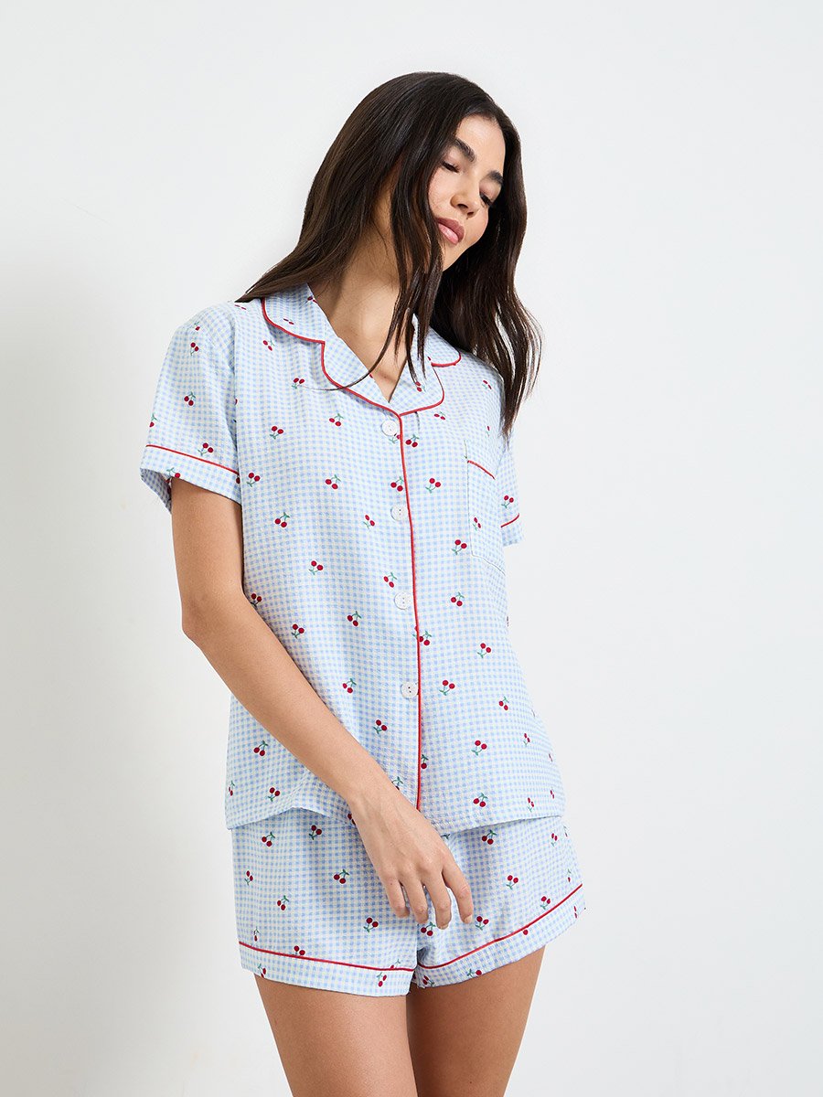 Blue Gingham Cherry Piped Pocket Shirt and Shorts Set