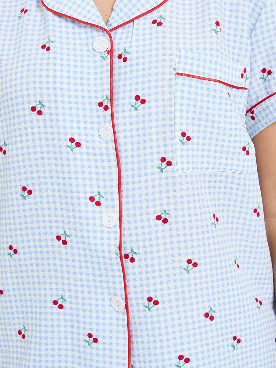 Blue Gingham Cherry Piped Pocket Shirt and Shorts Set