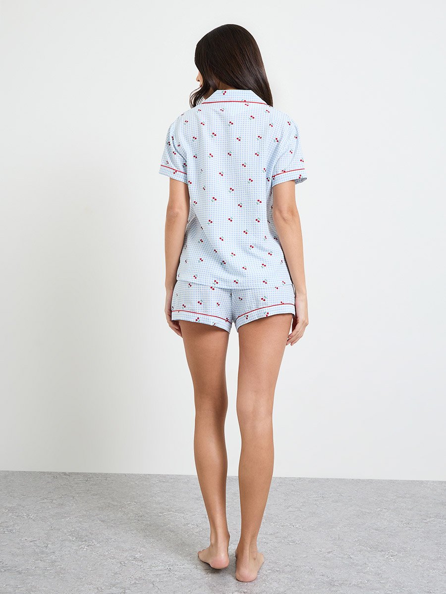 Blue Gingham Cherry Piped Pocket Shirt and Shorts Set