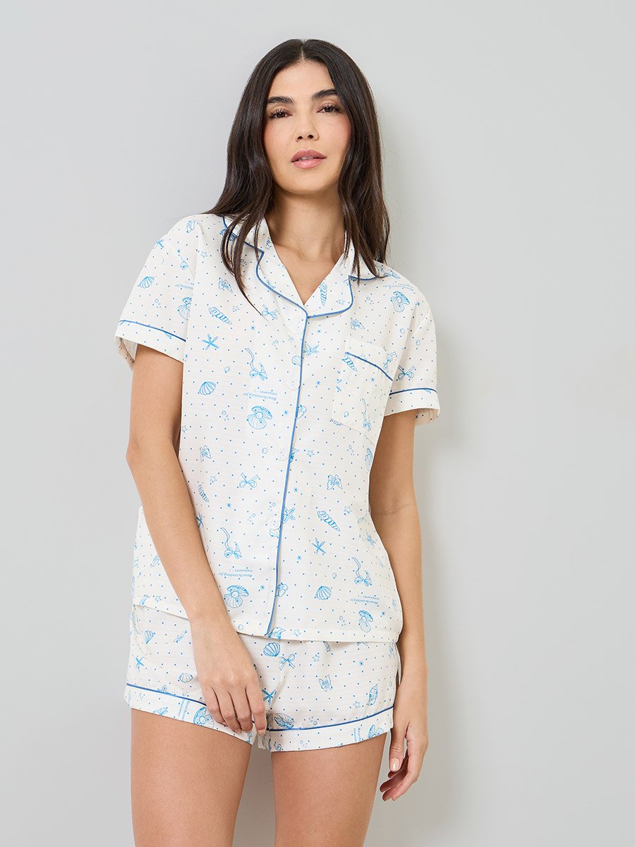 White Shell Polka Print Piped Pocket Shirt and Shorts Set
