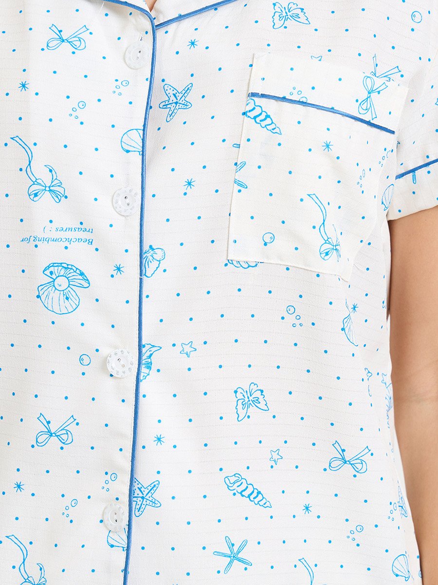White Shell Polka Print Piped Pocket Shirt and Shorts Set