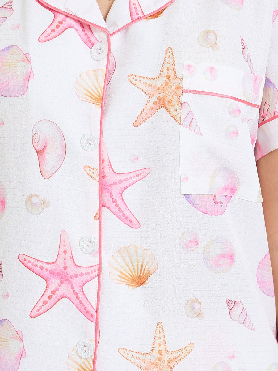 White Shell and Starfish Piped Pocket Shirt and Shorts Set