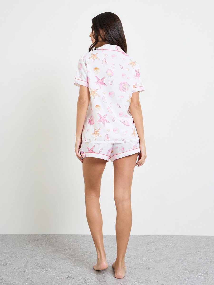 White Shell and Starfish Piped Pocket Shirt and Shorts Set