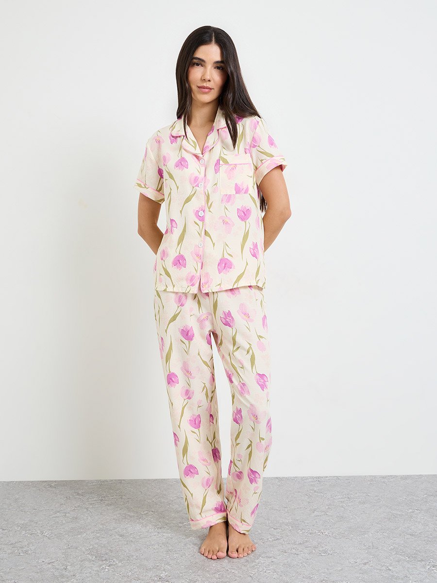 Pink Tulip Piped Pocket Shirt and Pyjama Set