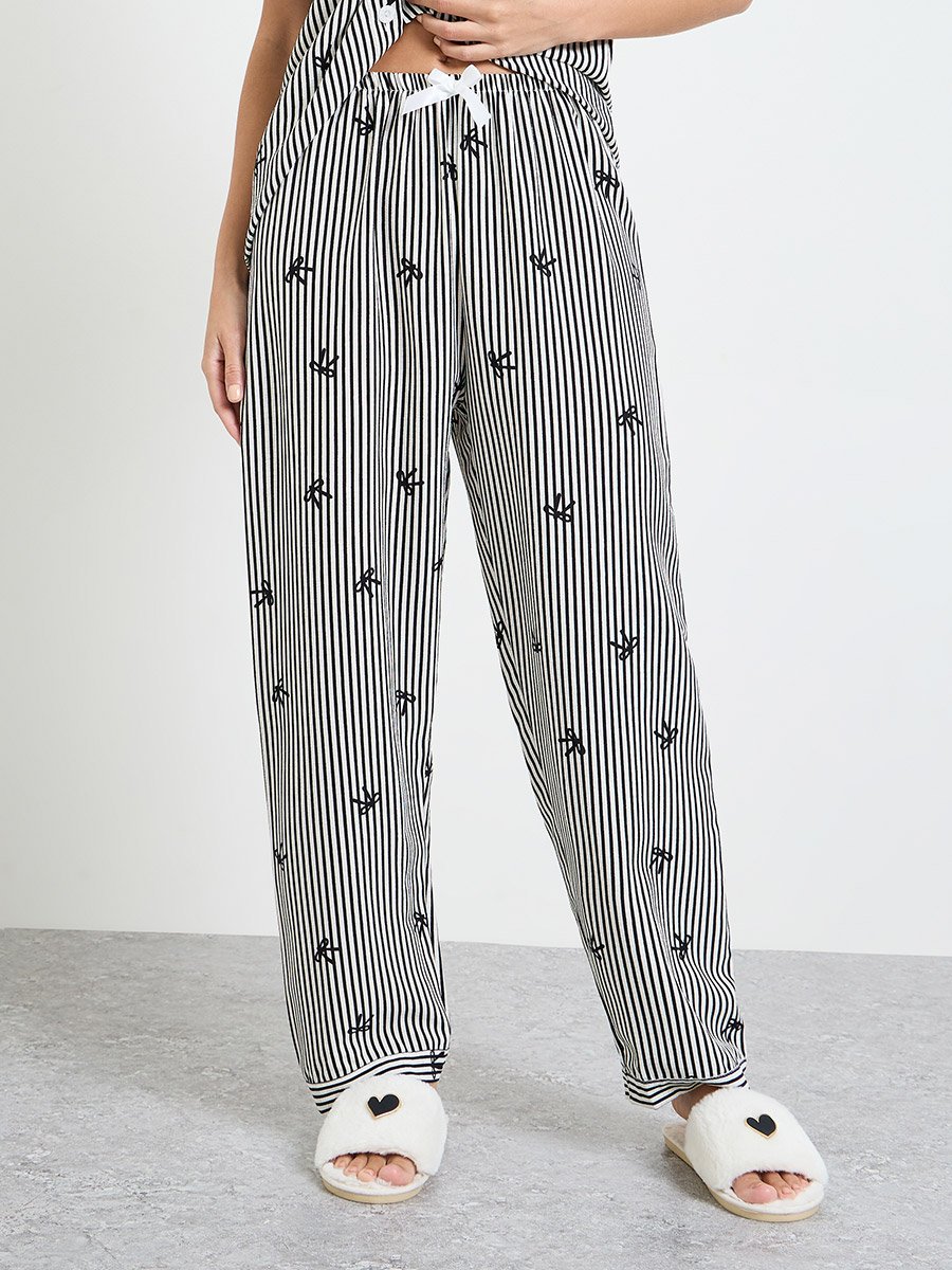 Black Bow Striped Print Shirt and Pyjama Set