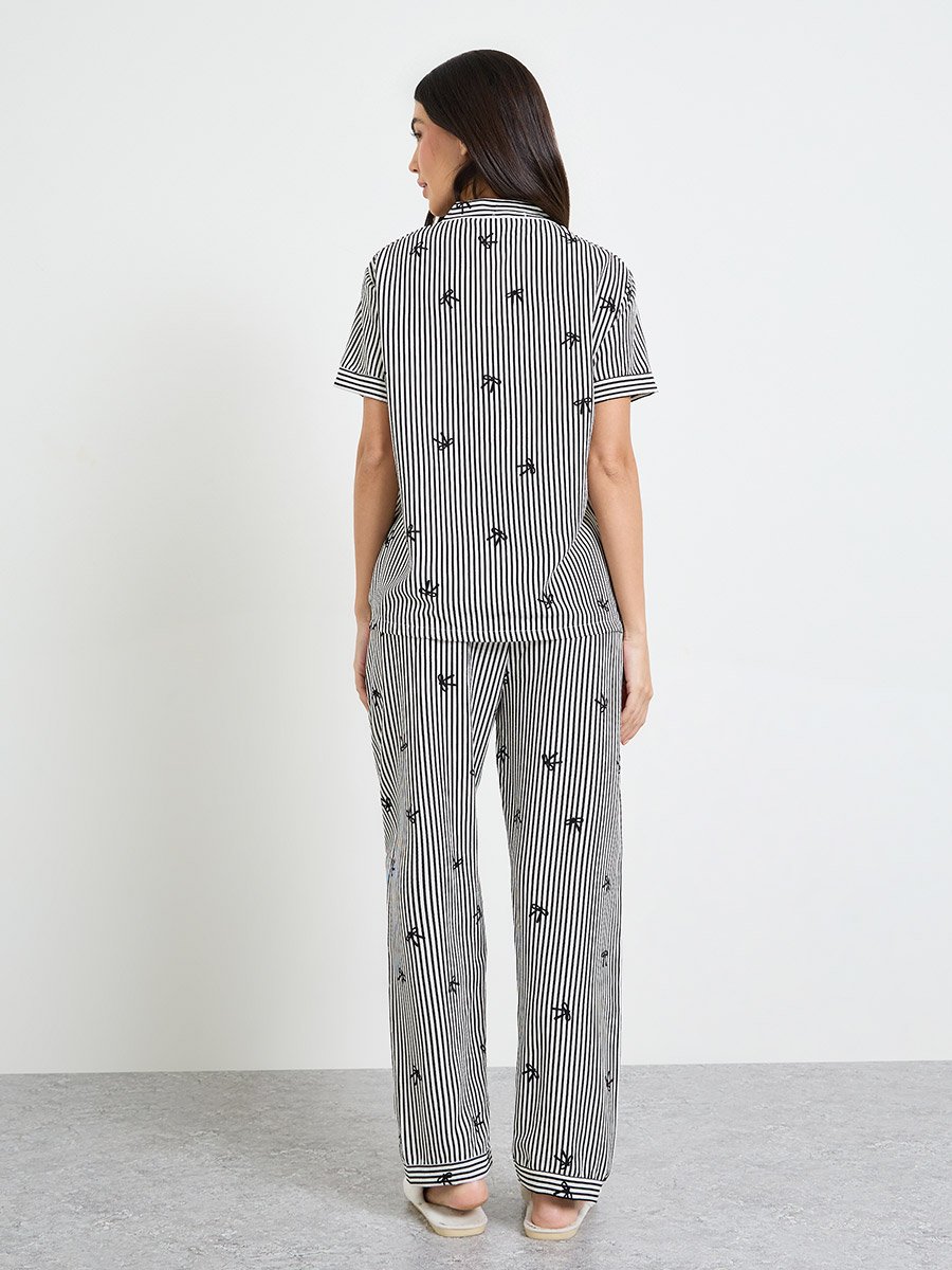 Black Bow Striped Print Shirt and Pyjama Set