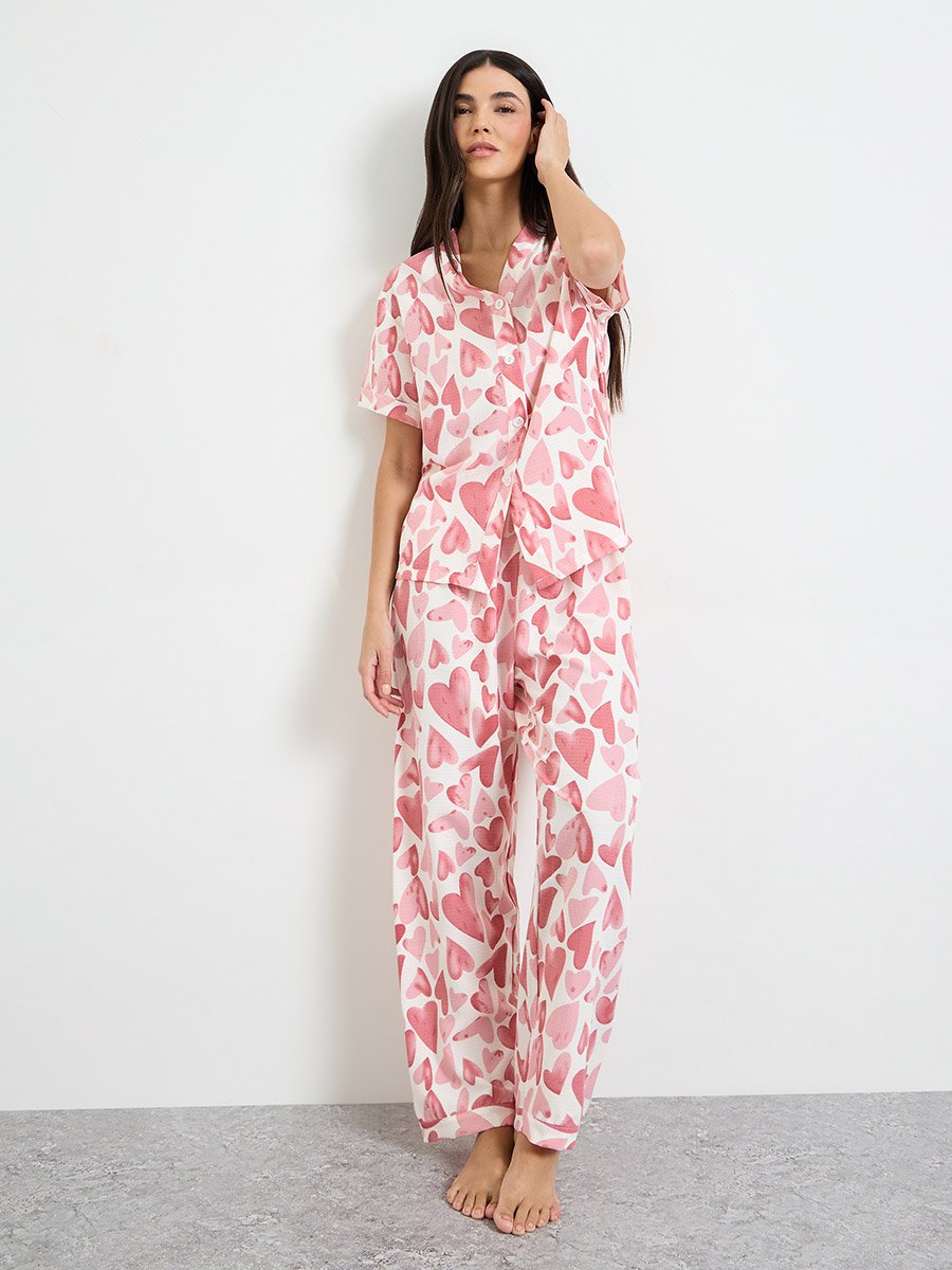 Pink Heart Print Shirt and Pyjama Set