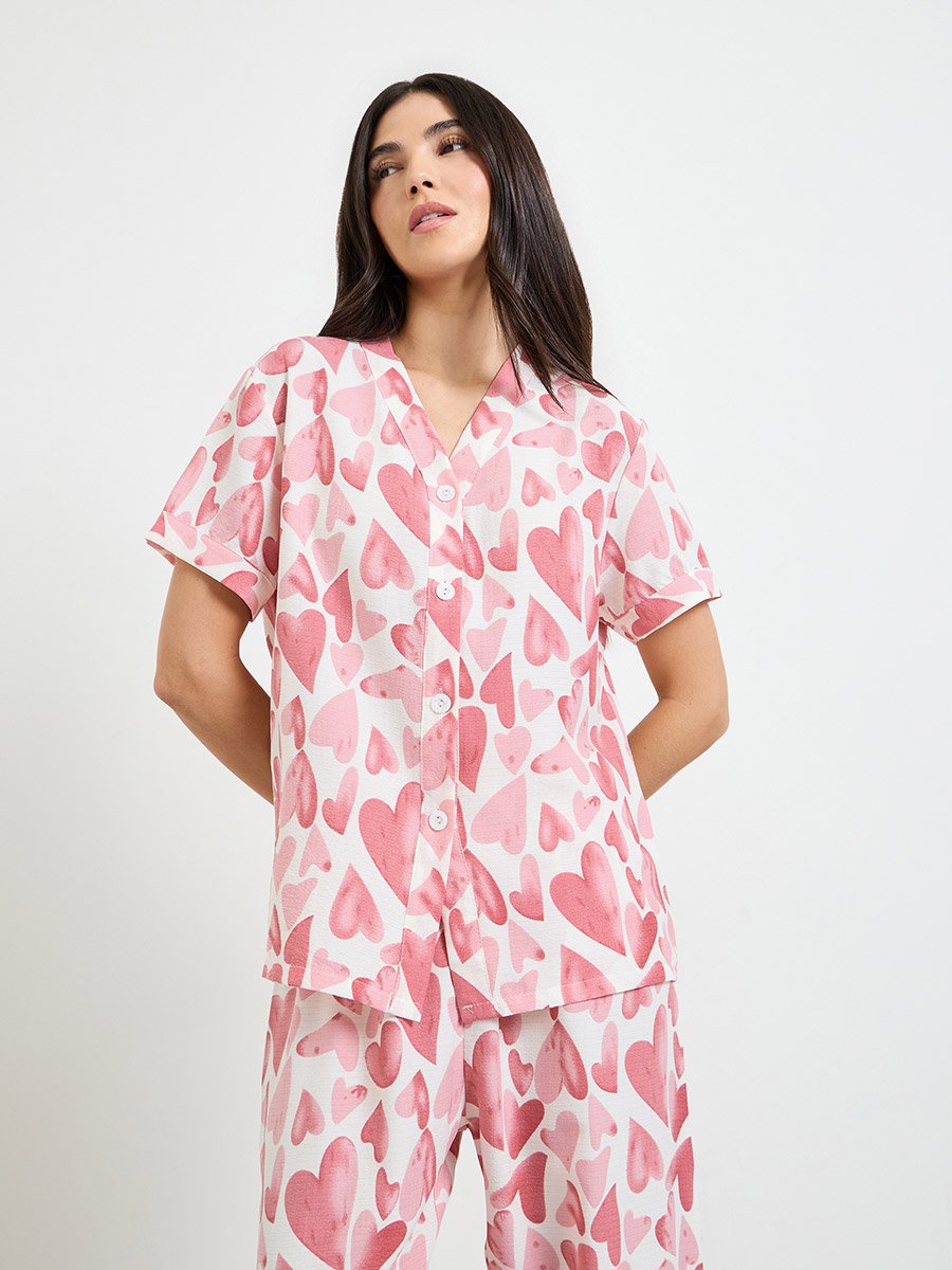 Pink Heart Print Shirt and Pyjama Set