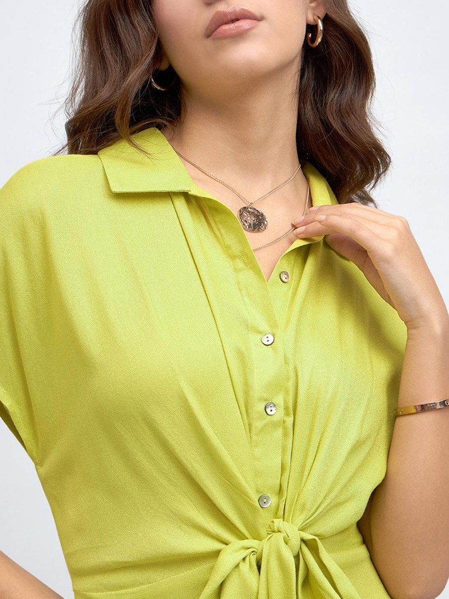 Green Solid Tie-Front Midi Dress