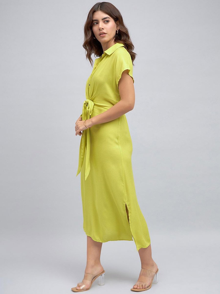 Green Solid Tie-Front Midi Dress