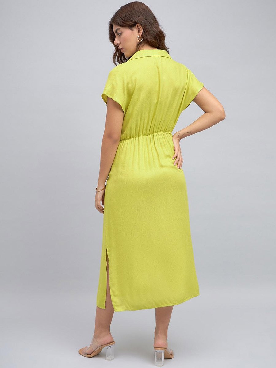 Green Solid Tie-Front Midi Dress