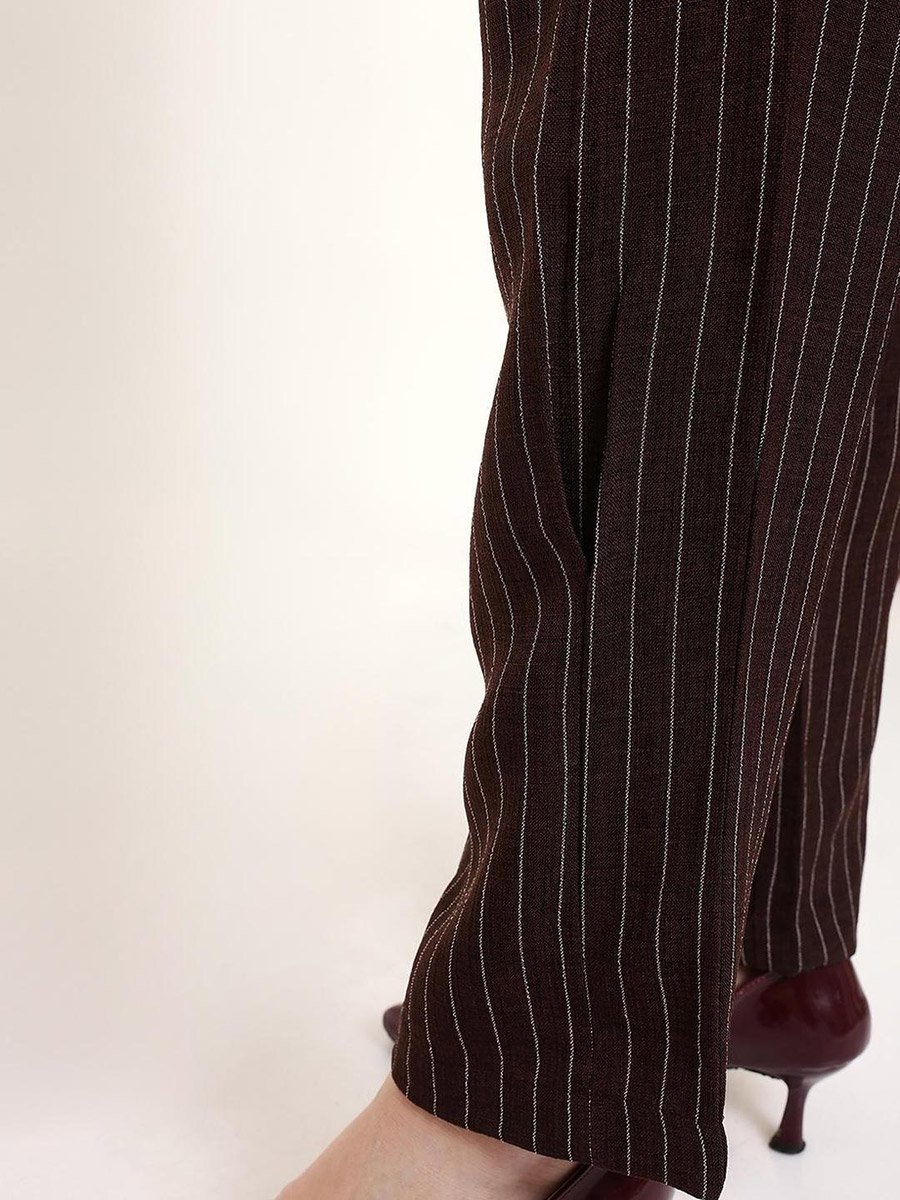 Dark Brown Striped Straight Fit Chinos