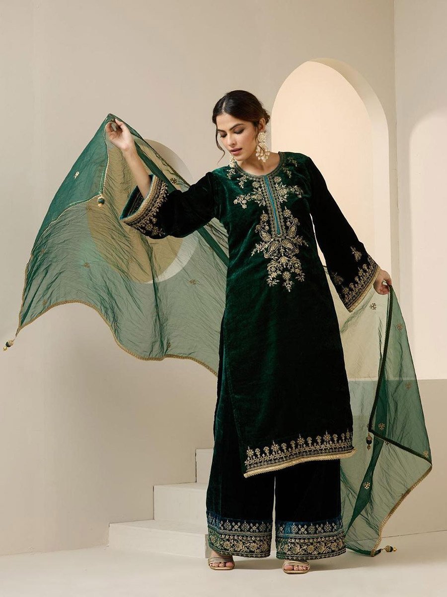 Green Velvet Printed Tunic, Palazzo and Dupatta Set
