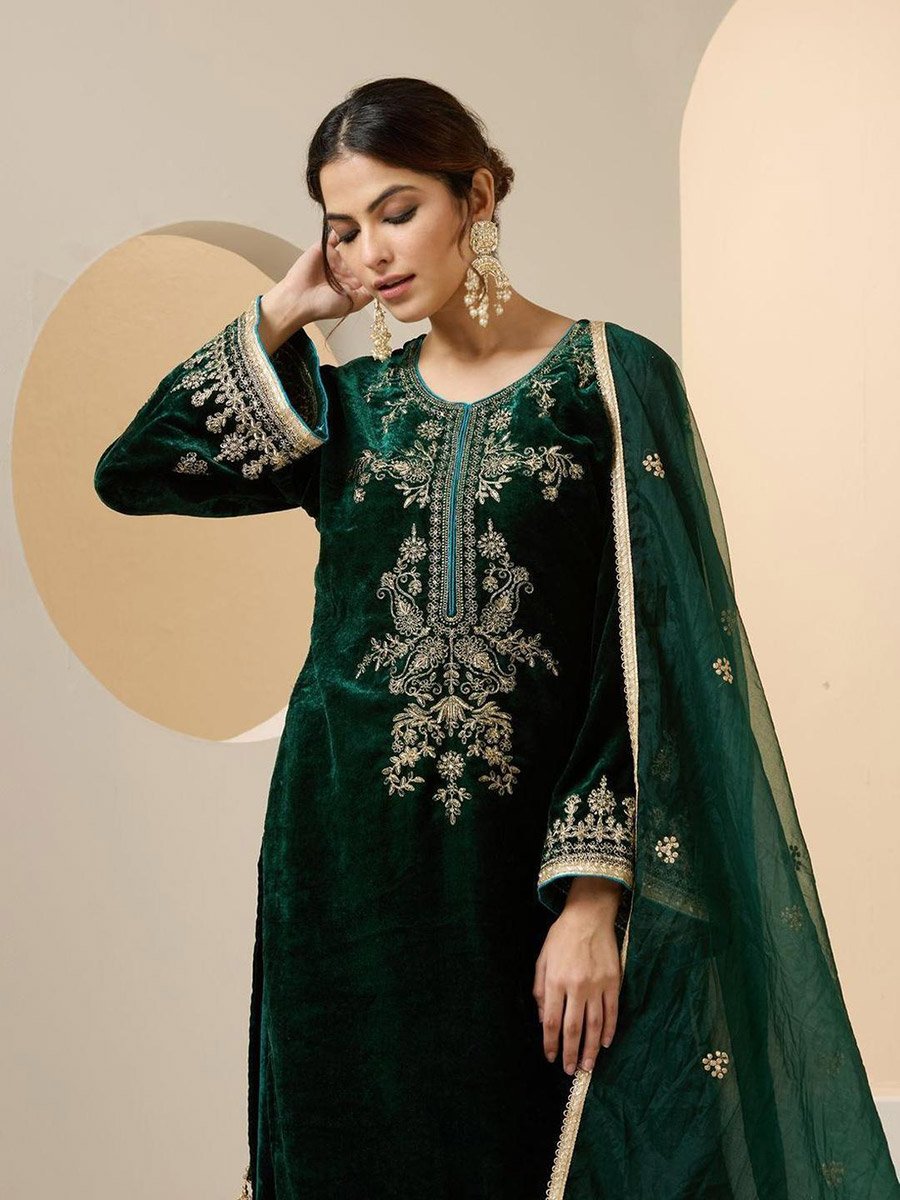 Green Velvet Printed Tunic, Palazzo and Dupatta Set