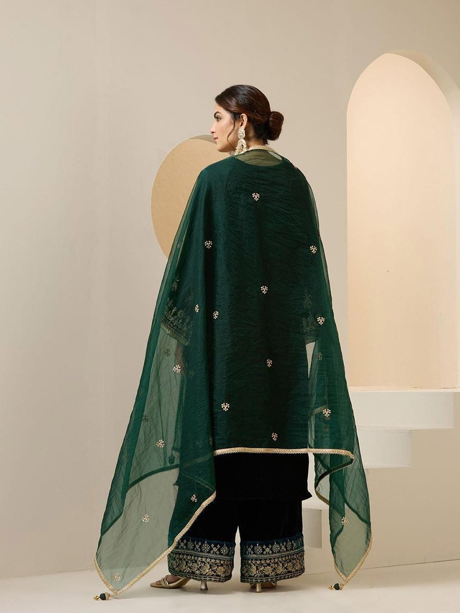 Green Velvet Printed Tunic, Palazzo and Dupatta Set