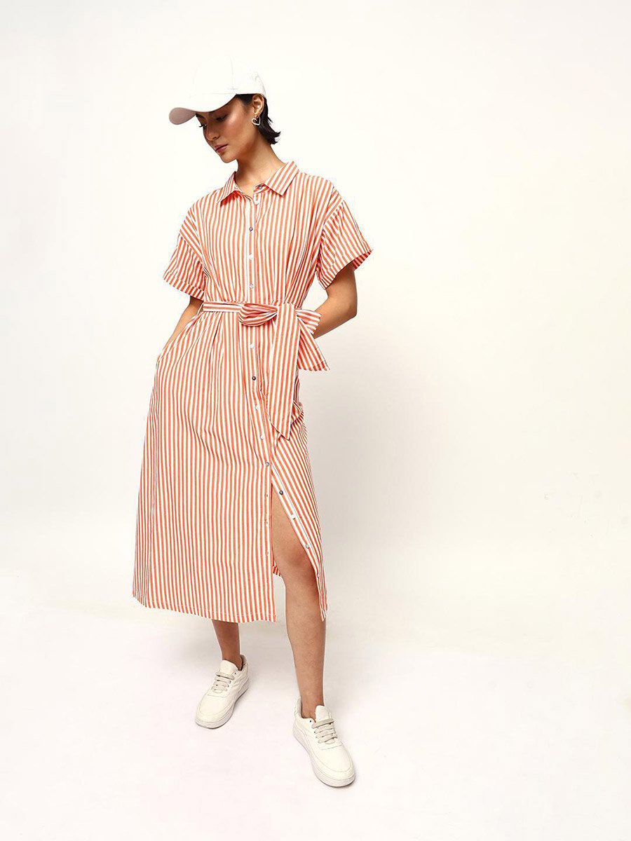 Orange Striped Midi Dress with Tie-Belt